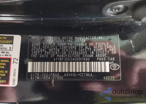 2010 Toyota Camry Le from USA, damaged, VIN 4T1BF3EK3AU007890